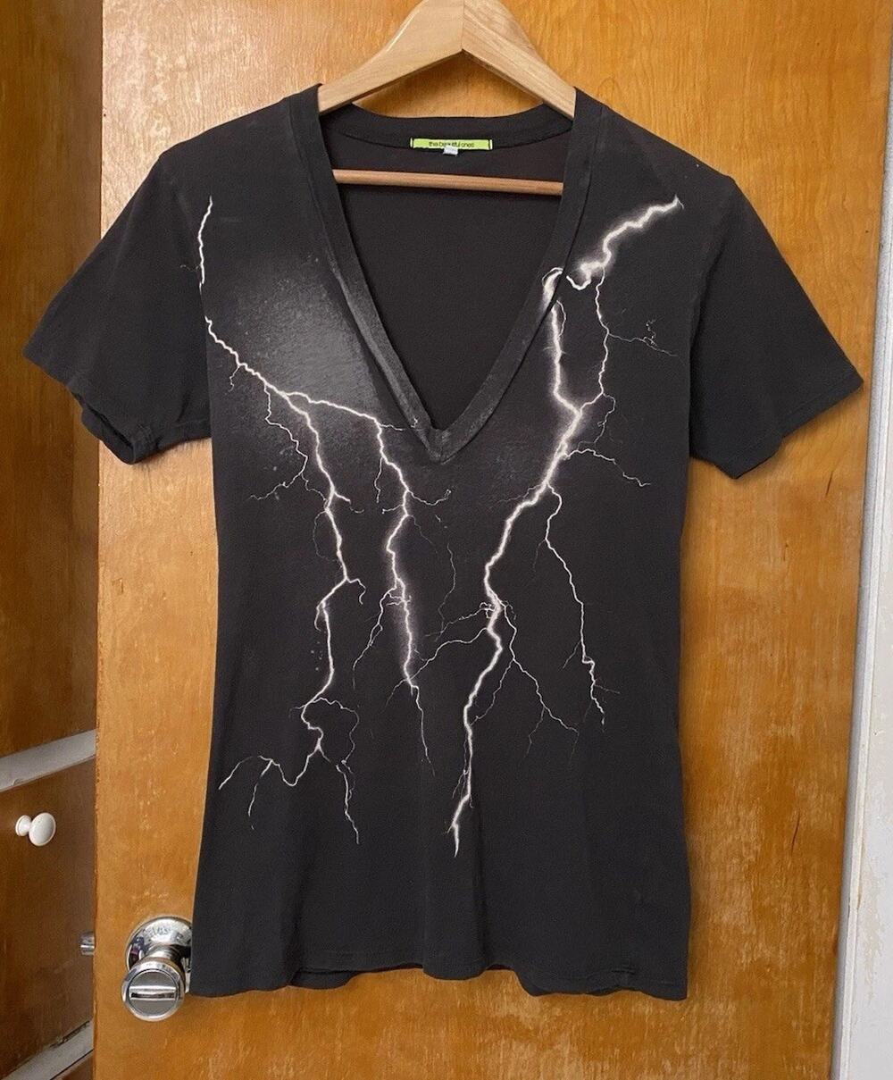 Vintage Y2K Indie Sleaze Emo Deep V Neck Lightning Print Graphic T Shirt Size S